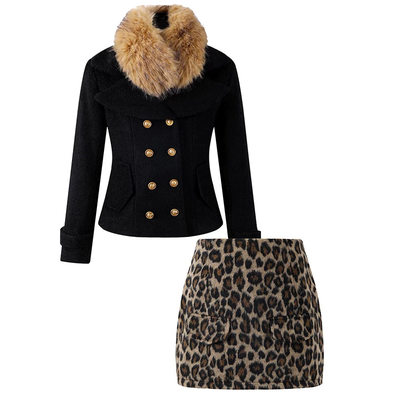 Classical Faux Fur Collar Two-Piece Set Leopard Print Mini Skirt  Cozy Black Double-Breasted Peacoat Long Sleeve Sheath Short Dress AP6256