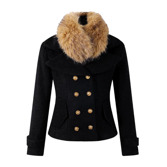 Classical Faux Fur Collar Two-Piece Set Leopard Print Mini Skirt  Cozy Black Double-Breasted Peacoat Long Sleeve Sheath Short Dress AP6256