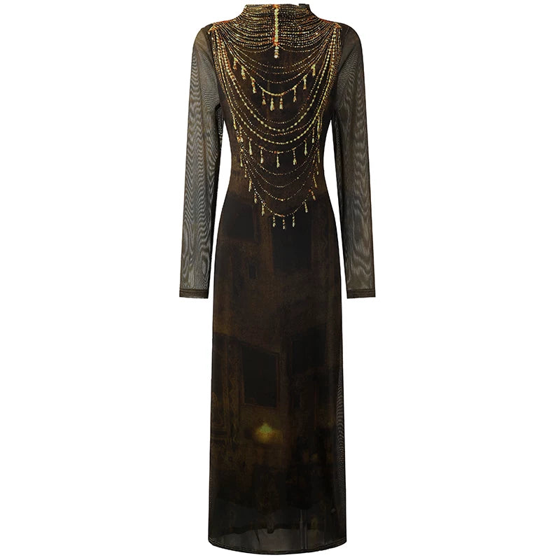 Vintage High Neck Gold Beaded Fringe Sheath Maxi Dress Artistic Dark Ombre Mesh Sheer Long Sleeves Long Dress AP6257