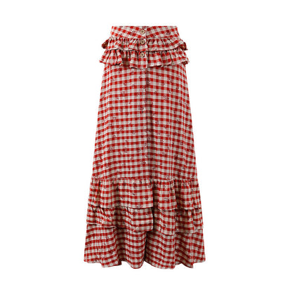 Sweet Ruffled Top Tiered A-Line Short Sleeve Maxi Skirt Trendy Red Gingham Two-Piece Set Long Dress AP6258