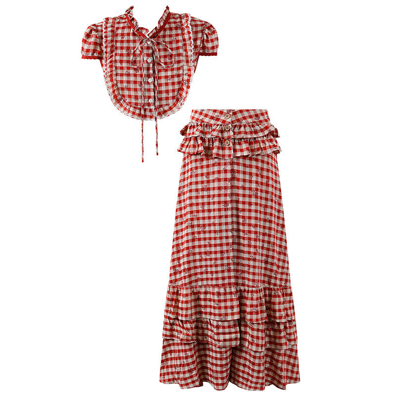 Sweet Ruffled Top Tiered A-Line Short Sleeve Maxi Skirt Trendy Red Gingham Two-Piece Set Long Dress AP6258