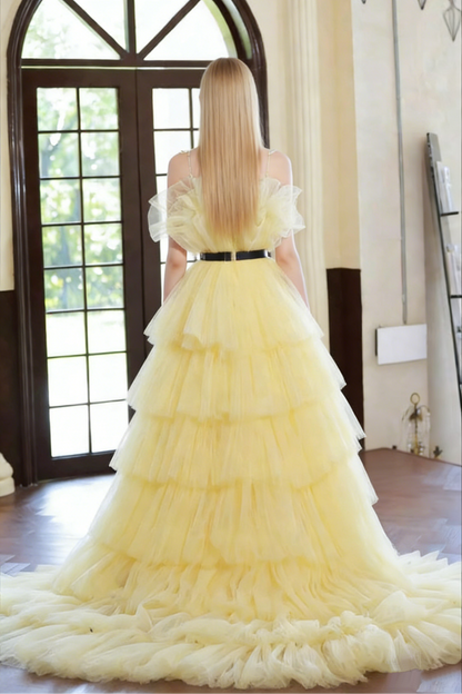 Vintage Yellow Spaghetti Strap A-Line Evening Gowns Tiered Tulle Prom Dress AP6260