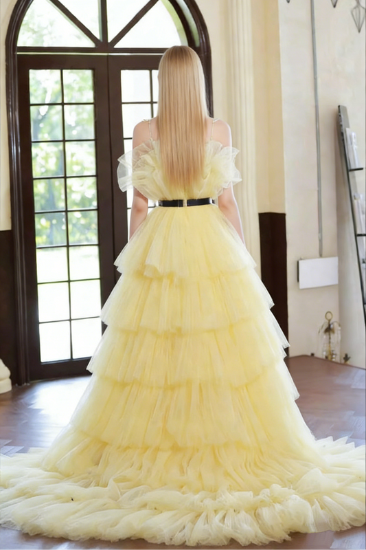 Vintage Yellow Spaghetti Strap A-Line Evening Gowns Tiered Tulle Prom Dress AP6260
