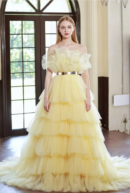 Vintage Yellow Spaghetti Strap A-Line Evening Gowns Tiered Tulle Prom Dress AP6260