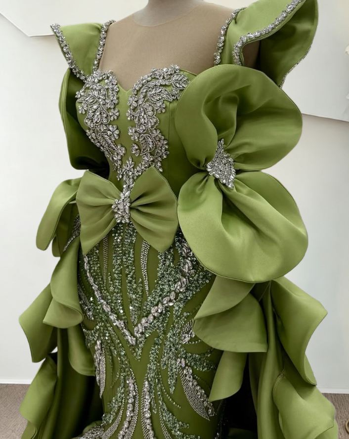 Artistic Illusion Neck Green Mermaid Evening Dresses  Beading Crystals Bows Prom Dress AP6261