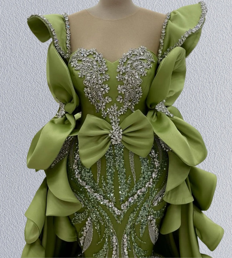 Artistic Illusion Neck Green Mermaid Evening Dresses  Beading Crystals Bows Prom Dress AP6261