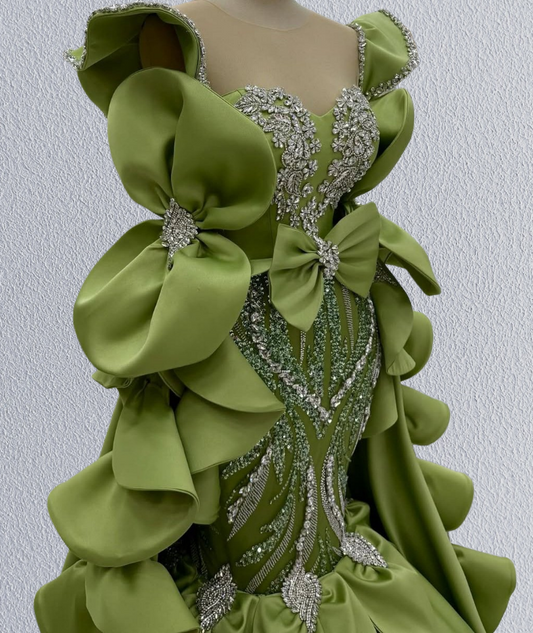 Artistic Illusion Neck Green Mermaid Evening Dresses  Beading Crystals Bows Prom Dress AP6261