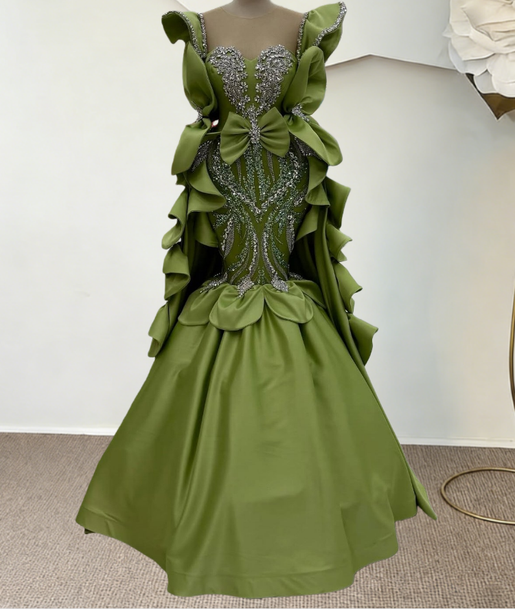 Artistic Illusion Neck Green Mermaid Evening Dresses  Beading Crystals Bows Prom Dress AP6261