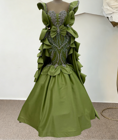 Artistic Illusion Neck Green Mermaid Evening Dresses  Beading Crystals Bows Prom Dress AP6261