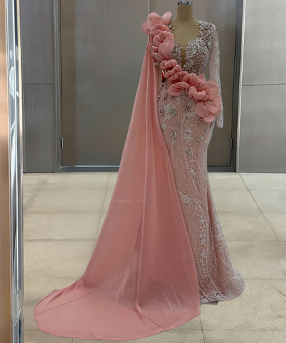 Dreamy Illusion Neck Pink Mermaid Evening Dress With Sash Beading Rhinestones Long Sleeve Prom Dress AP6262
