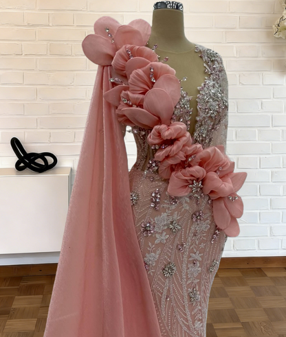 Dreamy Illusion Neck Pink Mermaid Evening Dress With Sash Beading Rhinestones Long Sleeve Prom Dress AP6262