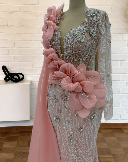 Dreamy Illusion Neck Pink Mermaid Evening Dress With Sash Beading Rhinestones Long Sleeve Prom Dress AP6262