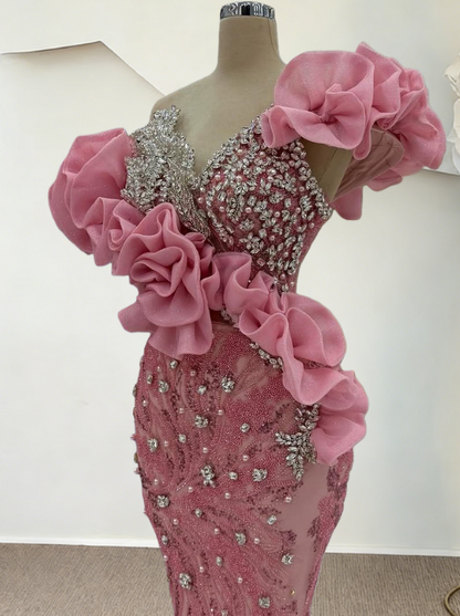 Sheen Off-Shoulder Pink Ruffles Mermaid Evening Dresses Beading Rhinestones Prom Dress AP6264