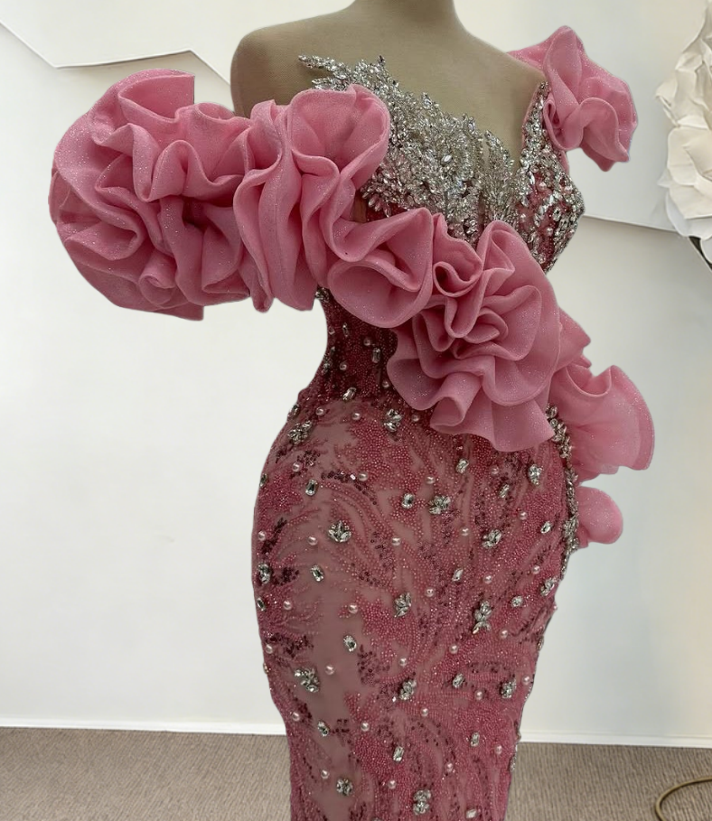 Sheen Off-Shoulder Pink Ruffles Mermaid Evening Dresses Beading Rhinestones Prom Dress AP6264