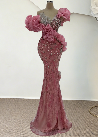 Sheen Off-Shoulder Pink Ruffles Mermaid Evening Dresses Beading Rhinestones Prom Dress AP6264