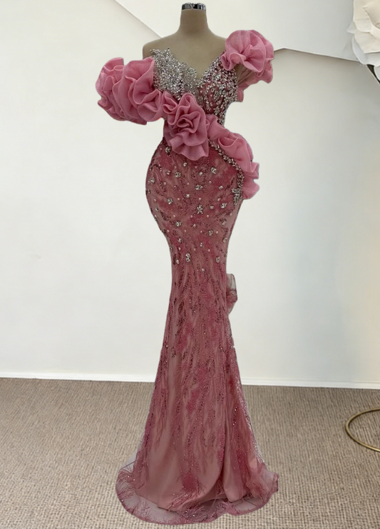 Sheen Off-Shoulder Pink Ruffles Mermaid Evening Dresses Beading Rhinestones Prom Dress AP6264