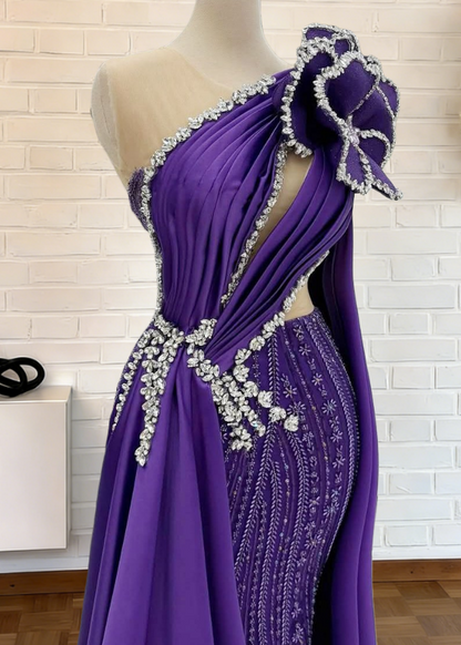 Ethereal Illusion Neck Purple Sheath Sweet 16th Dresses Handmade Flowers Crystals Beading Prom Dress AP6263