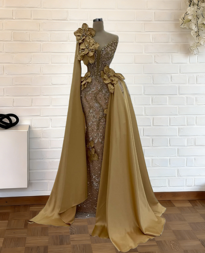 Alluring Strapless Mermaid Evening Dresses With Sash Beading Sequins Handmade Flowers Prom Dress AP6265