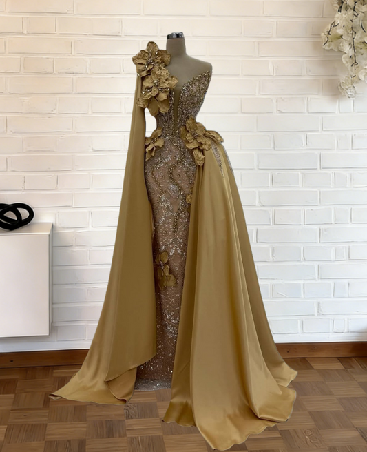 Alluring Strapless Mermaid Evening Dresses With Sash Beading Sequins Handmade Flowers Prom Dress AP6265