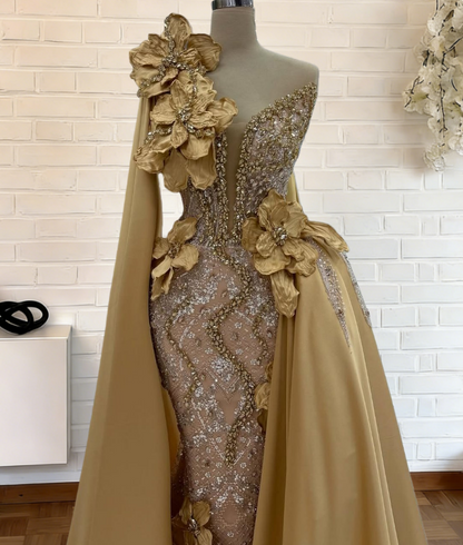 Alluring Strapless Mermaid Evening Dresses With Sash Beading Sequins Handmade Flowers Prom Dress AP6265