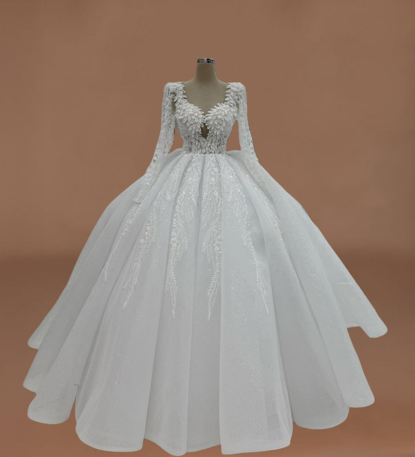 Gorgeous A-Line Sweetheart Neck Bridal Gowns Long Sleeve Sequins Beading Appliques Wedding Dress AP6266