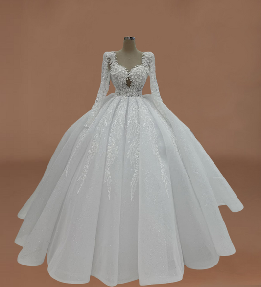 Gorgeous A-Line Sweetheart Neck Bridal Gowns Long Sleeve Sequins Beading Appliques Wedding Dress AP6266