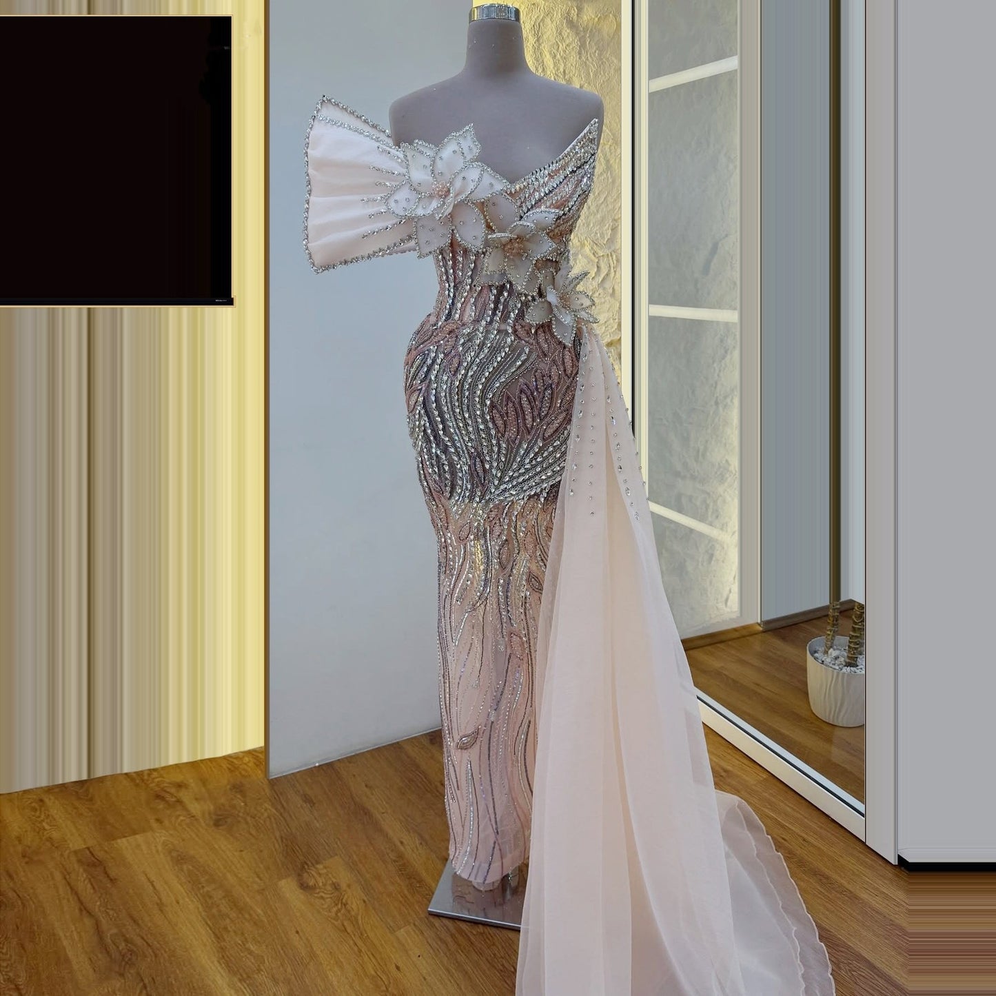 Glam Strapless Sheath Sweet 16th Dresses Handmade Flowers Crystals Beading Prom Dress AP6267