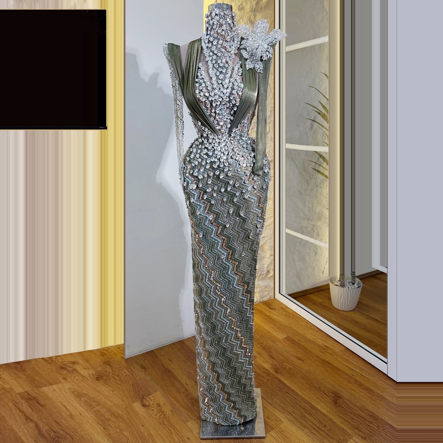Glamorous Sheath High Collar Evening Dress Sheer Long Sleeve Crystals Beading Prom Dress AP6268