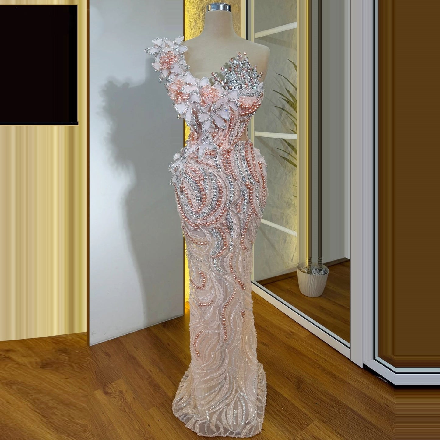 Dramatic One Shoulder Sheath Evening Gowns Crystals Beading Appliques Prom Dress AP6269