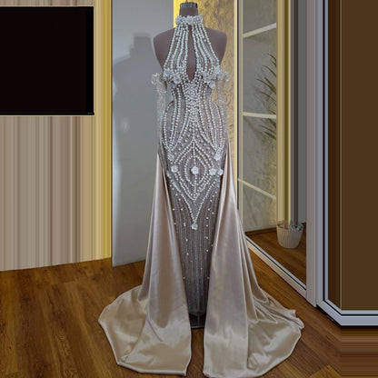 Stunning Sheath Cutout Halter Neck Evening Gowns Long Sleeve Pearls Sequins Appliques Prom Dress AP6270
