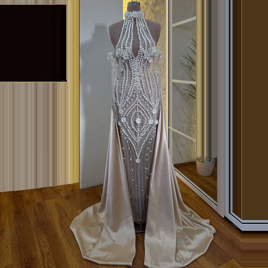 Stunning Sheath Cutout Halter Neck Evening Gowns Long Sleeve Pearls Sequins Appliques Prom Dress AP6270
