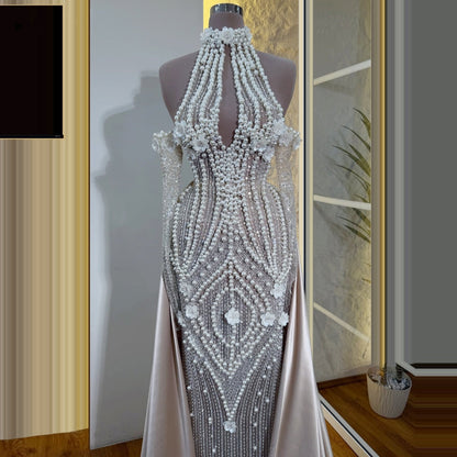 Stunning Sheath Cutout Halter Neck Evening Gowns Long Sleeve Pearls Sequins Appliques Prom Dress AP6270