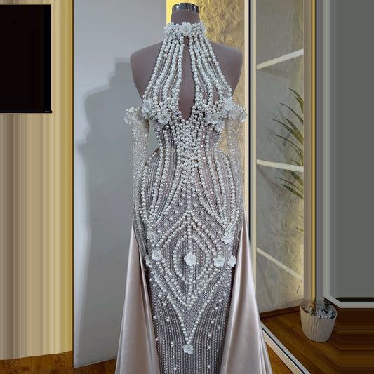 Stunning Sheath Cutout Halter Neck Evening Gowns Long Sleeve Pearls Sequins Appliques Prom Dress AP6270
