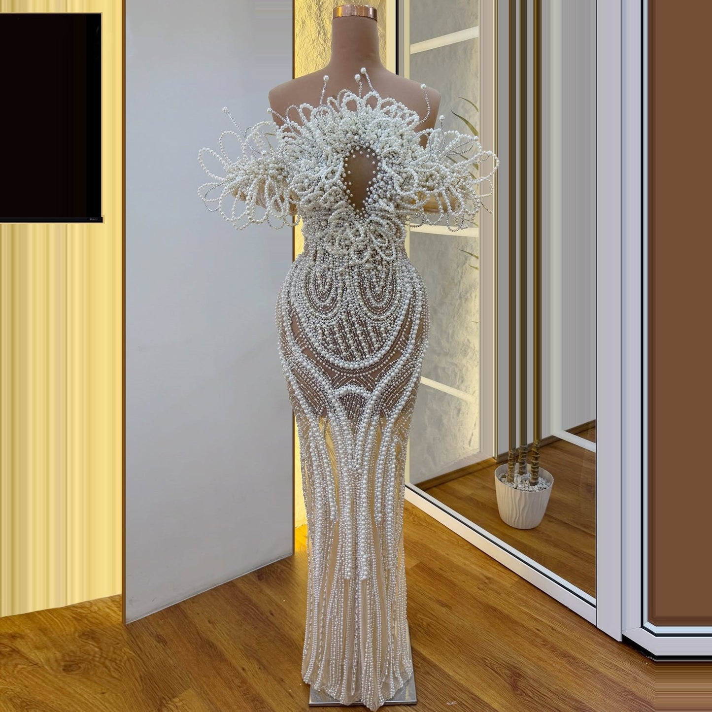 Novelty Off-Shoulder Sheath Evening Gowns Pearls Sequins Prom Dress AP6271