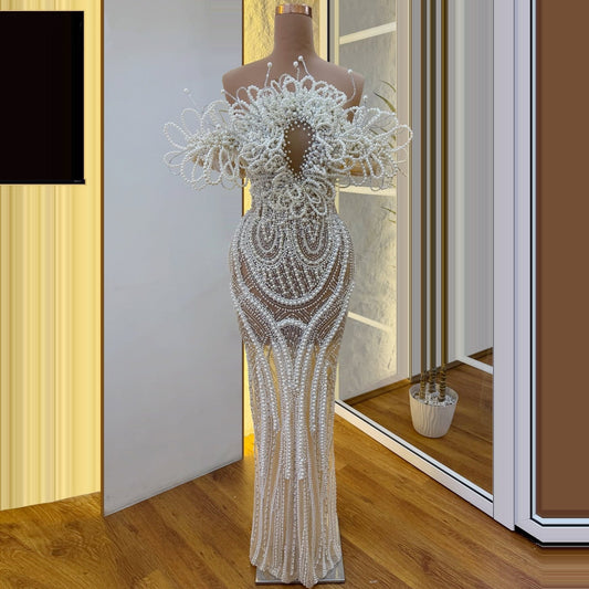 Novelty Off-Shoulder Sheath Evening Gowns Pearls Sequins Prom Dress AP6271