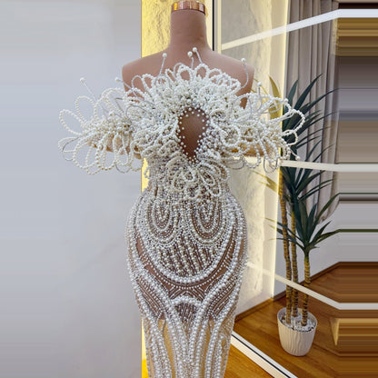 Novelty Off-Shoulder Sheath Evening Gowns Pearls Sequins Prom Dress AP6271