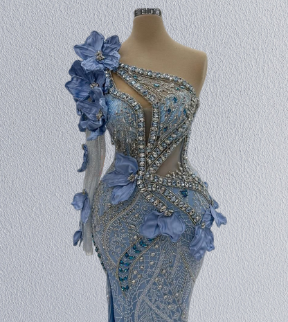 Fashionable One Shoulder Slit Mermaid Evening Dresses Crystals Beading Handmade Flowers Long Sleeve Prom Dress AP6274