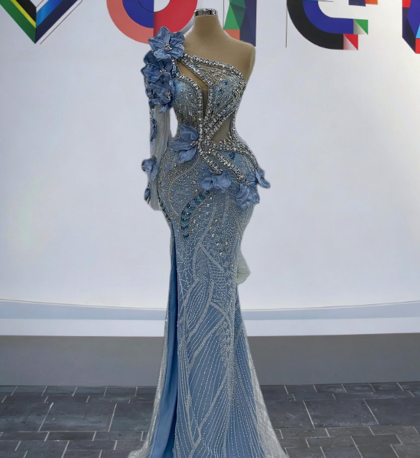 Fashionable One Shoulder Slit Mermaid Evening Dresses Crystals Beading Handmade Flowers Long Sleeve Prom Dress AP6274