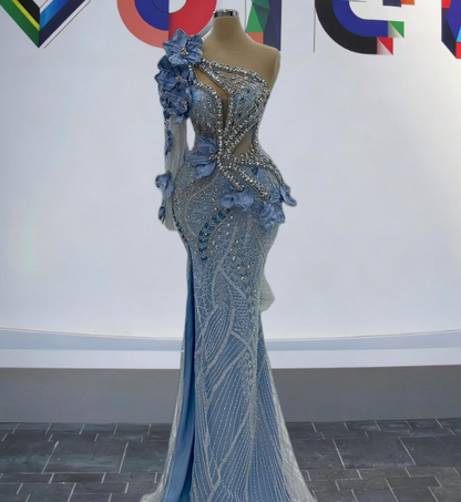 Fashionable One Shoulder Slit Mermaid Evening Dresses Crystals Beading Handmade Flowers Long Sleeve Prom Dress AP6274