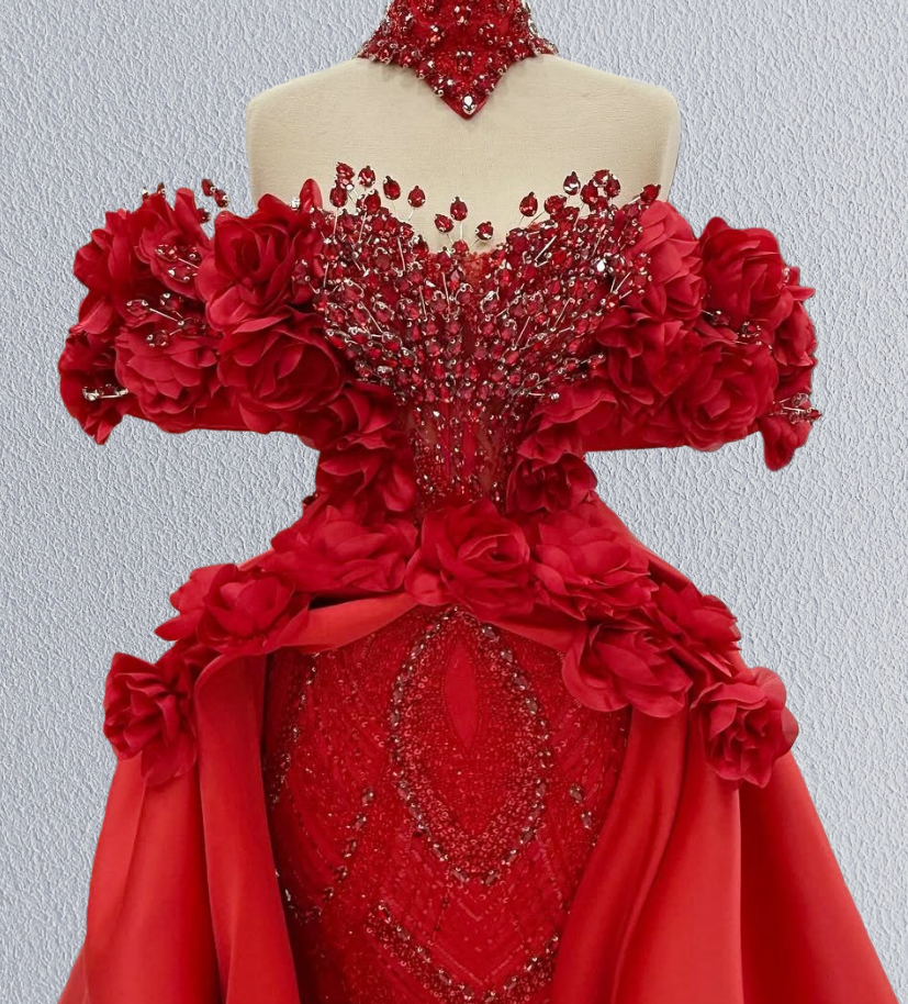 Charming A-Line Off-Shoulder Red Evening Dress Handmade Flowers Beading Sequins Prom Dress AP6276