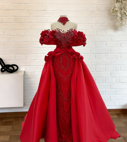 Charming A-Line Off-Shoulder Red Evening Dress Handmade Flowers Beading Sequins Prom Dress AP6276
