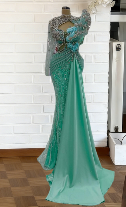 Dopamine Style High Collar Cutout 3D Appliques Mermaid Evening Dress Long Sleeve Beading Rhinestones Prom Dress AP6277