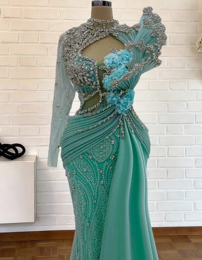 Dopamine Style High Collar Cutout 3D Appliques Mermaid Evening Dress Long Sleeve Beading Rhinestones Prom Dress AP6277