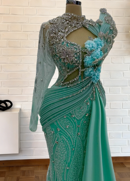 Dopamine Style High Collar Cutout 3D Appliques Mermaid Evening Dress Long Sleeve Beading Rhinestones Prom Dress AP6277
