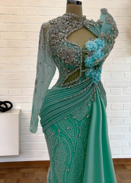 Dopamine Style High Collar Cutout 3D Appliques Mermaid Evening Dress Long Sleeve Beading Rhinestones Prom Dress AP6277
