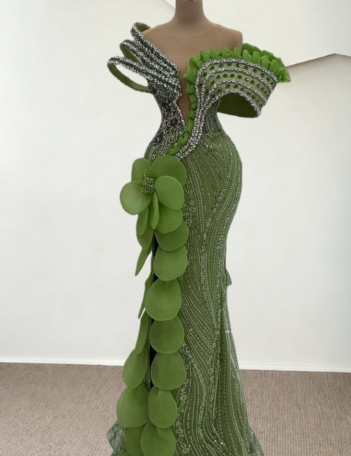 Sparkly Illusion Neck Beading Mermaid Evening Dresses Handmade Flowers Crystals Prom Dress AP6278