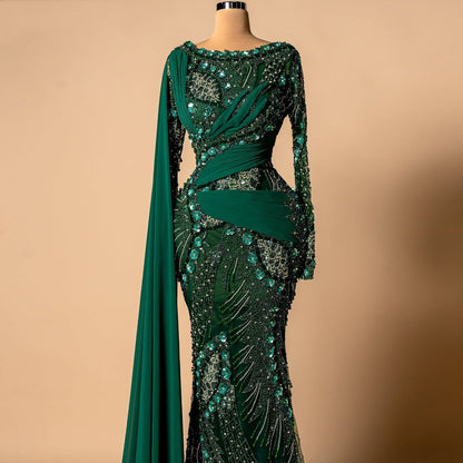 Bling Jewel Neck Green Mermaid Evening Dresses With Sash Sequins Beading Long Sleeve Prom Dress AP6279