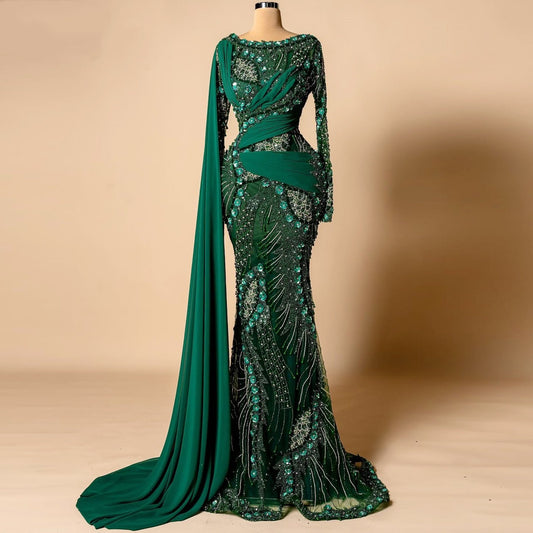 Bling Jewel Neck Green Mermaid Evening Dresses With Sash Sequins Beading Long Sleeve Prom Dress AP6279