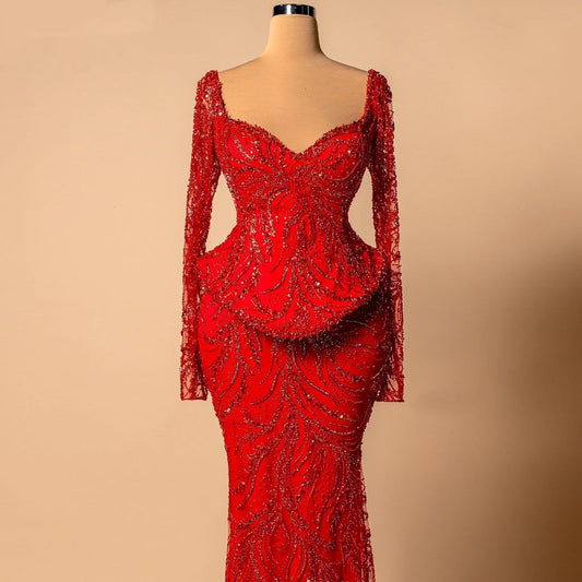 Playful Sweetheart Neck Red Mermaid Evening Dresses Sequins Sheer Long Sleeve Prom Dress AP6280