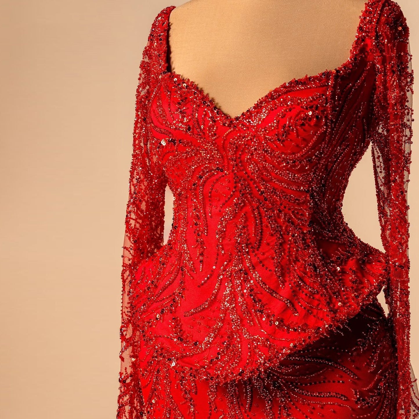 Playful Sweetheart Neck Red Mermaid Evening Dresses Sequins Sheer Long Sleeve Prom Dress AP6280